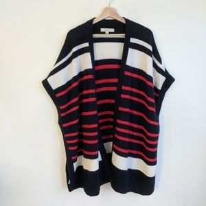 LOFT Sweater Open Front Striped Red White Blue Oversized XS/S Wool Blend.